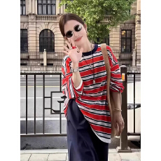 批发韩国东大门夏季新款设计感防晒美式休闲宽松红色撞色条纹<b class='q'>长袖</b>T恤