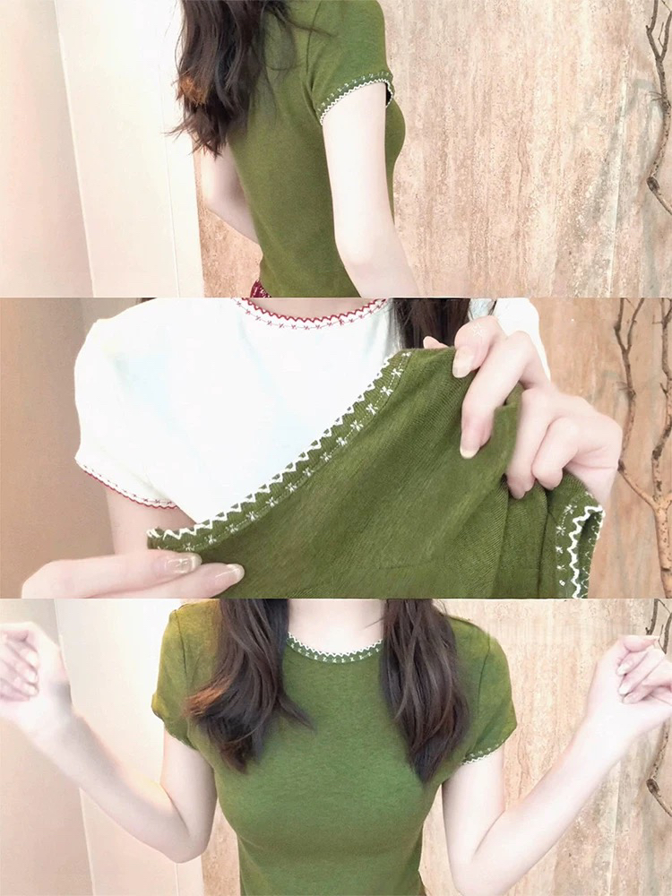 레트로 배색 라운드 넥 반팔 티셔츠 여성 여름 도파민 몸매 가꾸기 슬림해 보이는 기초 섹션 부드러운 긍정적 인 어깨 작은 맨위