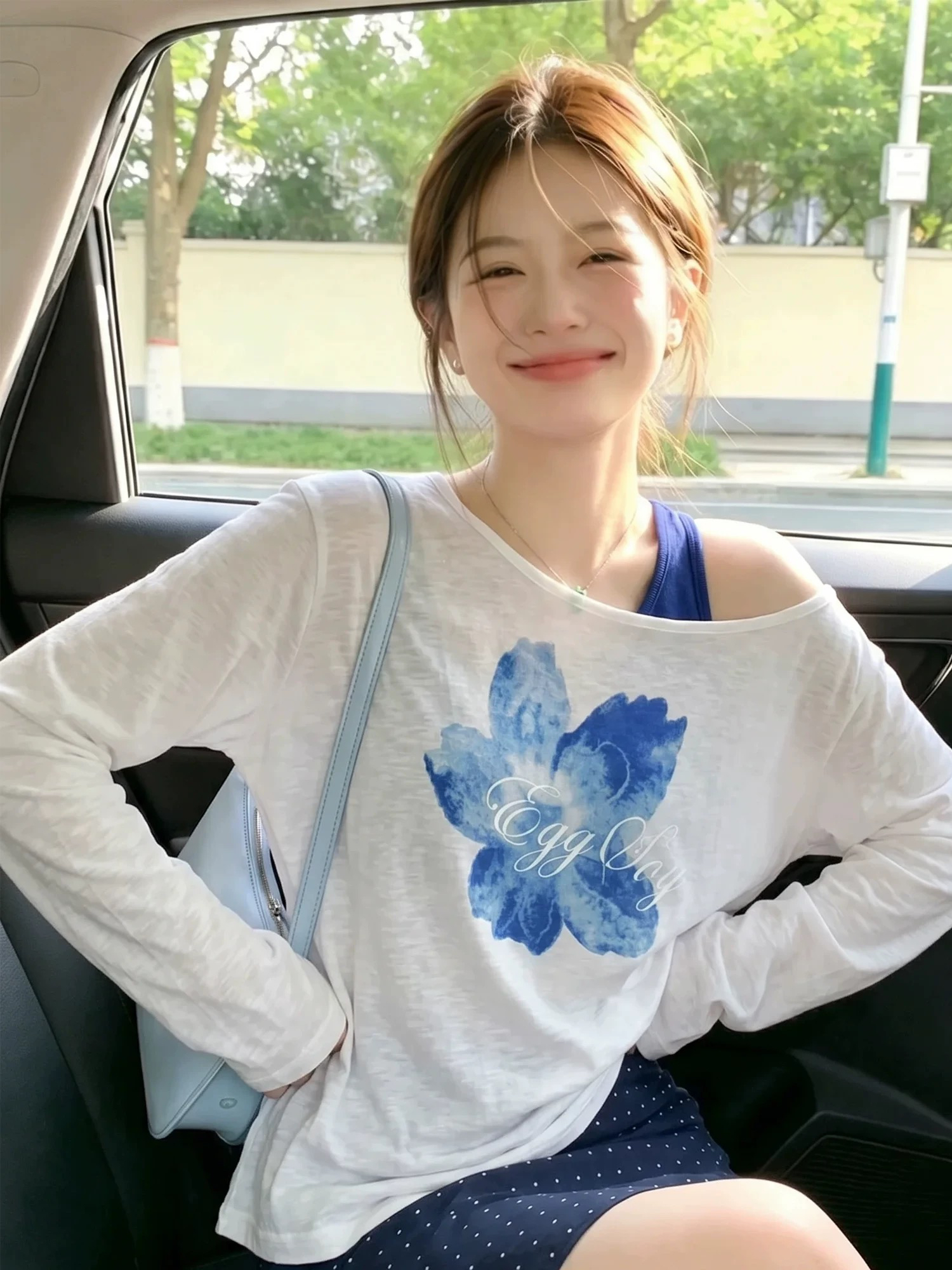 느긋한 바람 꽃 얇은 스타일 자외선 차단 블라우스 여성 여름 오프숄더 비스듬한 어깨 의류 파란색 캐미솔 투피스 세트