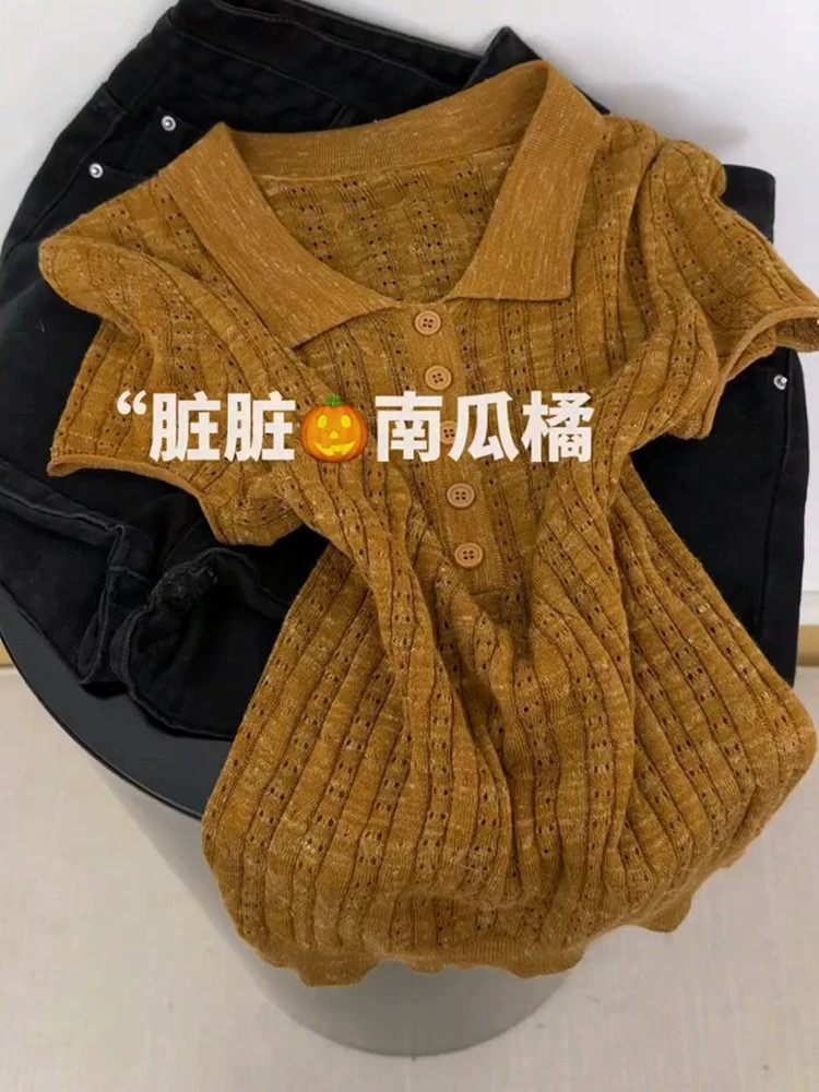 캐러멜 우유 표지 한 부서 레트로 폴로 칼라 홀로우 아웃 니트 반팔 티셔츠 여성 여름 품격 슬림해 보이는 연령 감소 얇은 맨위