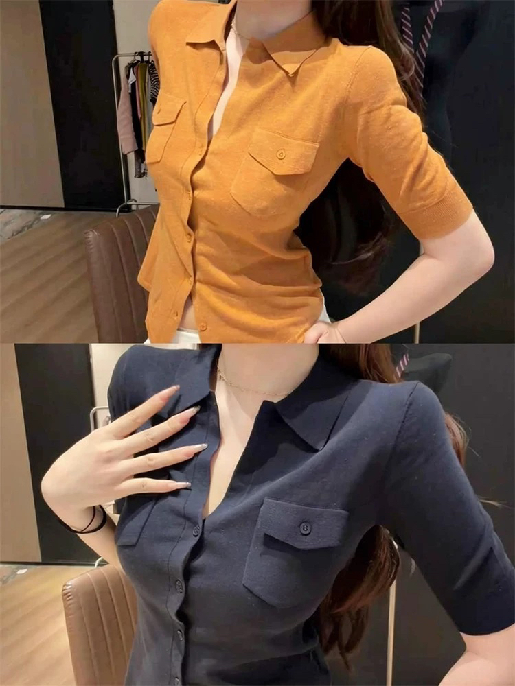 오래된 돈 바람 착용 가져 가라. 프랑스식 폴로 칼라 주황색 중간 소매 니트 오픈 가디건 여성 여름 허리 수축 슬림해 보이는 핫걸 셔츠 맨위