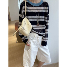 批发夏上新 时尚撞色圆领条纹针织衫 显瘦薄款长袖防晒衫<b class='q'>女休闲</b>空调衫