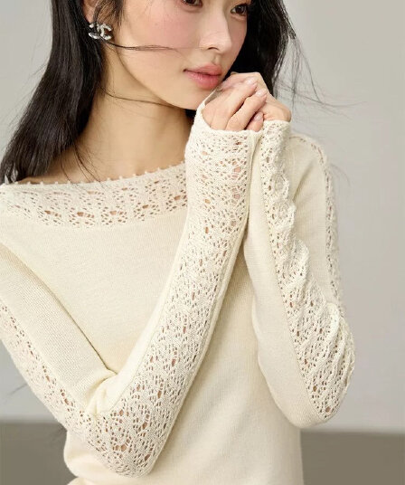 프랑스식 디자인 센스 작은 대중 보트넥 홀로우 아웃 자수 만나는 니트 스웨터 여성 봄 가을 인사이드 가져 가라. 홀로우 아웃 긴팔 맨위