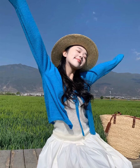 파란색 달콤함 레이스업 긴팔 자외선 차단 니트 오픈 가디건 여성 가을 겨울철 숄 해변가 고유 한 블라우스 재킷