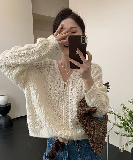 화이트 자수 V넥 홀로우 아웃 긴팔 니트 오픈 가디건 여성 여름 슬립 외부 가져 가라. 얼음 실크 자외선 차단 작은 숄 맨위