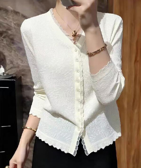 높음 럭셔리 기초 섹션 우아함 지성 화이트 프릴 V넥 레이스 셔츠 긴팔 다용도 작은 대중 디자인 센스 맨위