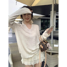 批发慵懒风V领提花长袖针织衫女2026秋宽松显瘦<b class='q'>欧根纱</b>高级感透气上衣