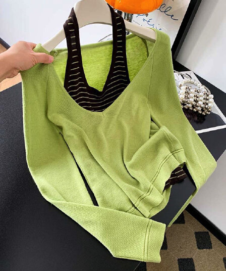 녹색 고유 한 Chic 디자인 센스 스트라이프 행침 목 니트 스웨터 여성 가을 겨울철 새로운 몸매 가꾸기 슬림해 보이는 외국 가스 맨위