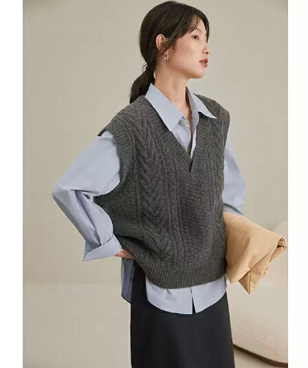 레트로 꽈배기 조끼 여자 봄 가을 조끼 니트 외부 가져 가라. V넥 루즈핏 스택 착용 어깨 느긋한 바람 가을 어깨 스웨터