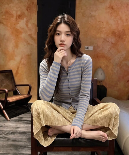 2026 가을 새로운 느긋한 바람 파란색 스트라이프 오픈 가디건 여성 의류 긴팔 슬림해 보이는 캐주얼 빅 사이즈 맨위 니트 스웨터