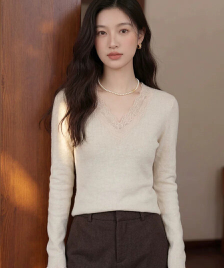 프랑스식 부드러운 바람 V넥 레이스 조각 니트 스웨터 여성 봄 가을 몸매 가꾸기 슬림해 보이는 긴팔 기본 셔츠 인사이드 잡아라. 의류
