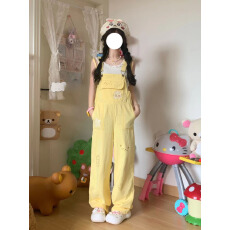 批发甜妹多巴胺穿搭<b class='q'>背带裤</b>女夏季直筒工装宽松牛仔<b class='q'>背带裤</b>少女阔腿长裤