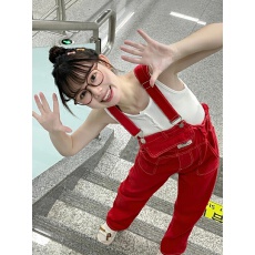 批发红色连体裤女春装2025夏季新款小个子多巴胺穿搭奶系牛仔背带长裤