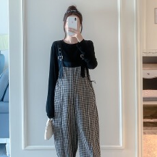 批发笼裤秋季时尚复古港味宽松减龄格子孕妇背带哈伦休闲七分裤子