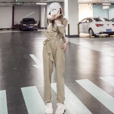 批发工装裤女裤子显瘦百搭绑带收腰高腰连衣裤帅气宽松工装吊带连体裤