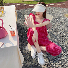 批发粉色格子吊带连体裤女夏季2026新款韩版宽松减龄设计感束脚七分裤