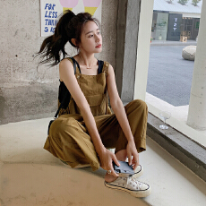 批发卡其色日系工装<b class='q'>背带裤</b>夏季薄款学生两件套装女阔腿裤小个子连体裤
