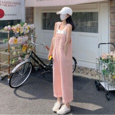 批发2026夏季女阔腿直筒裤子女小个子高腰<b class='q'>背带裤</b>粉色小众显瘦长裤