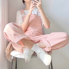 批发奶fufu 甜而不腻橘粉色 宽松学生<b class='q'>背带裤</b>夏女宽松小众减龄裤子