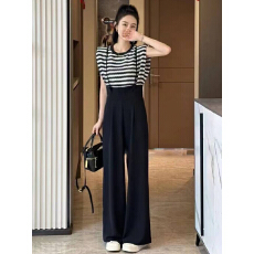批发欧洲站高腰阔腿<b class='q'>背带裤</b>套装女2026夏季新款时尚条纹无袖T恤两件套