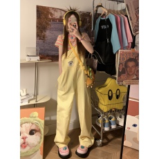 批发多巴胺穿搭背带棉裤女夏季2026新款美式宽松高腰直筒阔腿<b class='q'>长裤</b>子