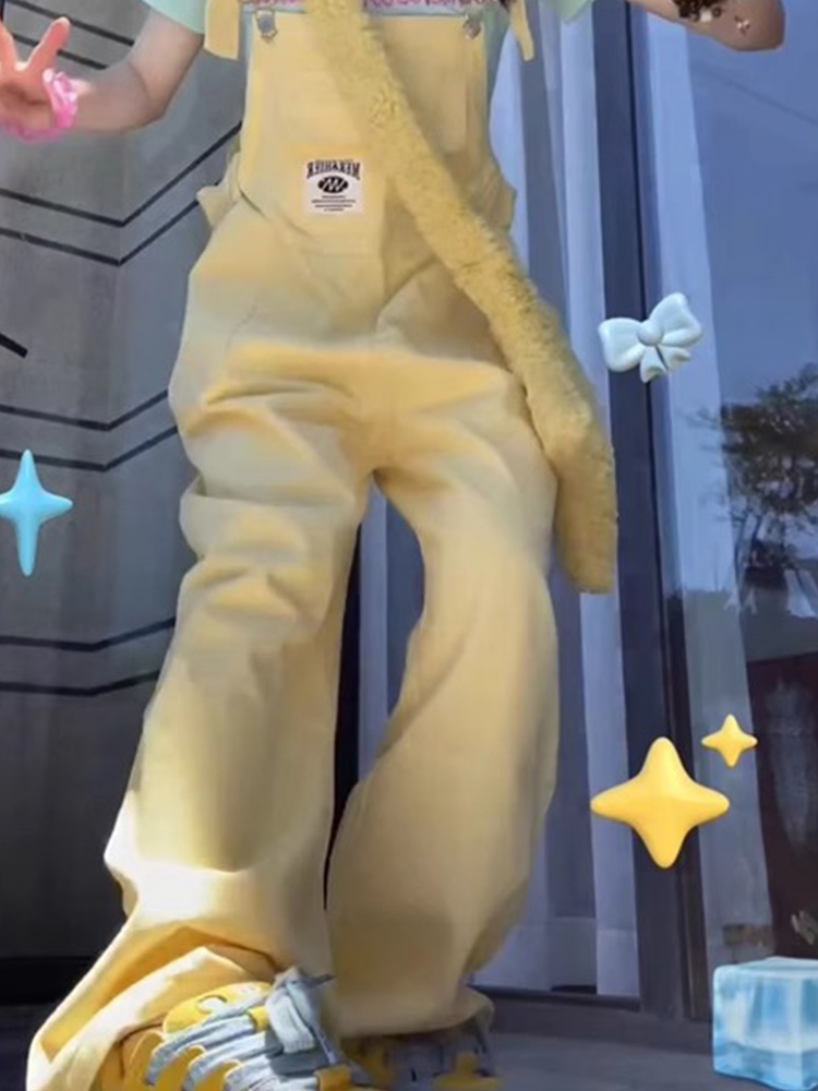 우유 황색 멜빵 청바지 여성 봄 여름 도파민 아메리칸 와이드 레그 팬츠 어린이 루즈핏 하이웨이스트 슬림해 보이는 빅 사이즈 지방 mm