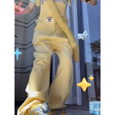 批发奶黄色背带牛仔裤女春夏多巴胺美式阔腿裤子宽松高腰显瘦大码胖mm