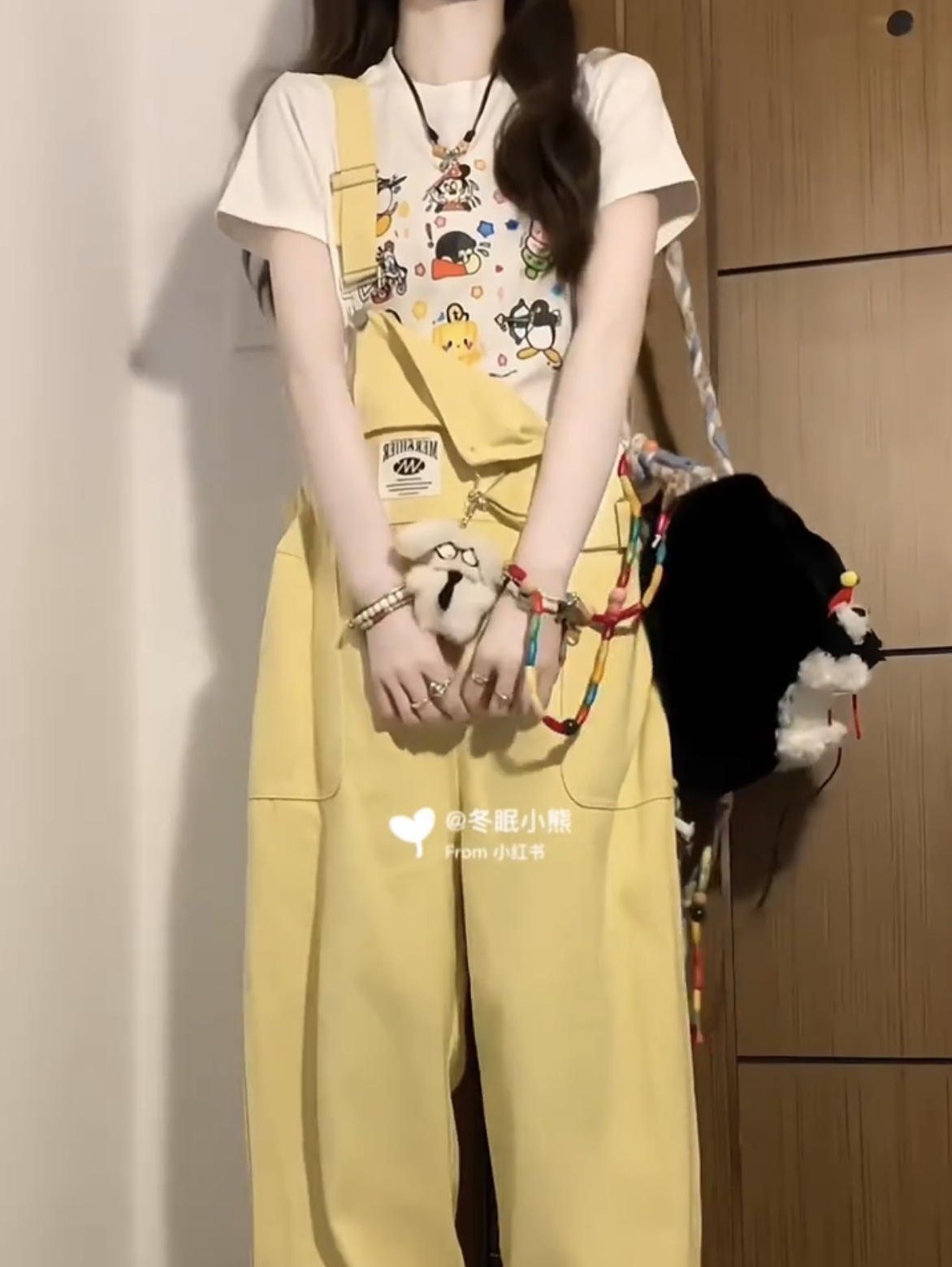 작은 키 우유 황색 멜빵 바지 여성 여름 작은 대중 연령 감소 슬림해 보이는 넓은 다리 면 바지 학생 팀 서비스 클래스 서비스