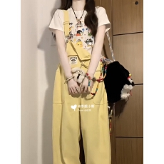 批发小个子奶黄色背带裤女夏季小众减龄显瘦阔腿棉裤子学生团队服班服