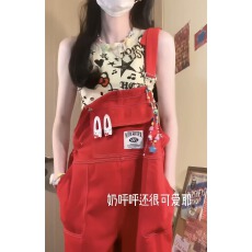 批发多巴胺穿搭2026夏季小个子减龄百搭休闲小众设计感红色阔腿背带裤