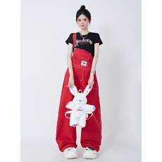 批发ARKU红色工装背带裤女美式复古多巴胺穿搭裤潮牌宽松休闲裤子