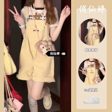 批发多巴胺穿搭夏季小个子减龄百搭休闲黄色小众设计感阔腿背带裤