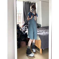 批发2026夏季新款水洗复古蓝色拖地背带裤女长短两穿休闲宽松裤子