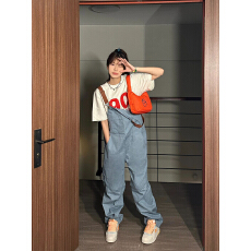 批发夏季新款蓝色拖地背带裤女长短两穿休闲宽松裤子