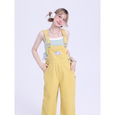 批发多巴胺穿搭黄色背带裤女夏季韩版宽松减龄高腰直筒阔腿连体裤子