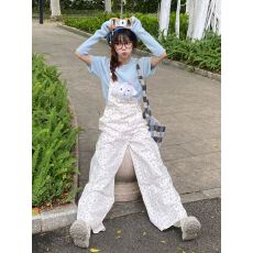 批发学院风碎花背带裤女春夏新款vibe设计感小众学生宽松直筒长裤