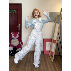 批发白色碎花工装背带裤女春秋季2026新款美式复古小个子连体裤子