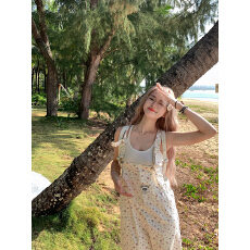 批发春秋季美式牛仔背带裤女宽松复古碎花直筒裤子ins潮流