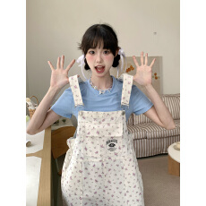 批发美式小碎花清新白色休闲背带裤女春夏连体裤直筒宽松长裤子