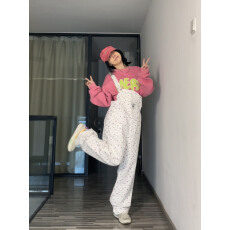 批发美式复古碎花白色休闲背带裤女2026春夏宽松连体裤直筒长裤潮