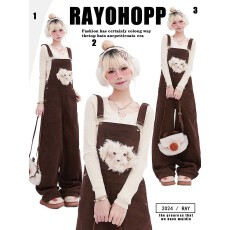 批发棕色灯芯绒背带裤女春夏新款美拉德小个子可爱宽松阔腿长裤子