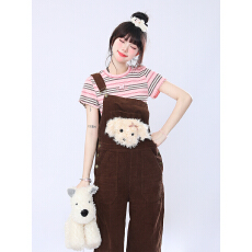 批发Rayohopp灯芯绒<b class='q'>背带裤</b>女春季美拉德毛绒小狗设计宽松休闲直筒裤bf