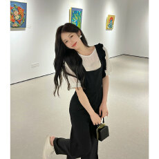 批发休闲裤女夏季薄款木耳边阔腿<b class='q'>背带裤</b>子韩系