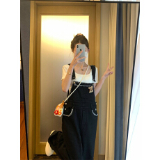 批发复古黑色<b class='q'>背带裤</b>子设计感小众休闲直筒阔腿长裤女春夏2026新款