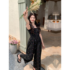 批发黑色甜美减龄波点<b class='q'>背带裤</b>女夏2025新款休闲显瘦直筒阔腿长款连体裤