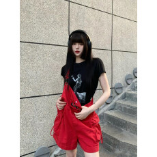 批发元气多巴胺<b class='q'>背带裤</b>女夏季2026新款减龄可爱小个子红色阔腿牛仔短裤