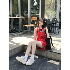 批发PHORM多巴胺红色可爱减龄宽松 牛仔<b class='q'>背带裤</b>短裤女春夏