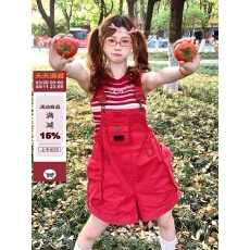 批发元气多巴胺<b class='q'>背带裤</b>女2026新款小个子阔腿牛仔短裤可爱减龄红色裤子