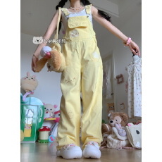 批发发呆鼻涕熊原创自制夏季甜妹直筒工装宽松牛仔<b class='q'>背带裤</b>少女阔腿长裤