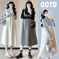 批发实拍时尚大码2025年加绒加厚雨花绒孕妇装背带裙+大码毛衣套装